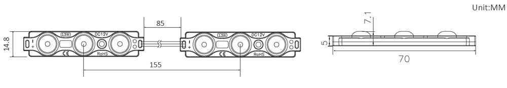 160° 3-chip SMD2835 IP65 DC12V 0.72W Mini Led Module, 70x14.8x7.1mm