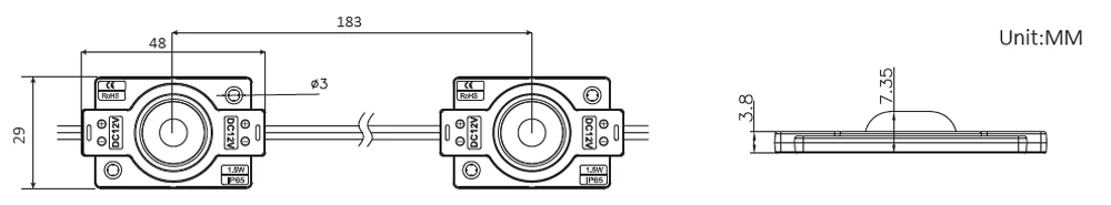 160° 1-chip EMC 3030 IP65 140lm DC12V 1.5W Mini Led Module, 48x29x7.35mmmm