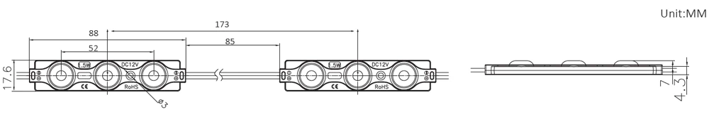 160° 3-chip SMD2835 IP65 160lm DC12V 1.5W Mini Led Module, 88x17.6x7mm