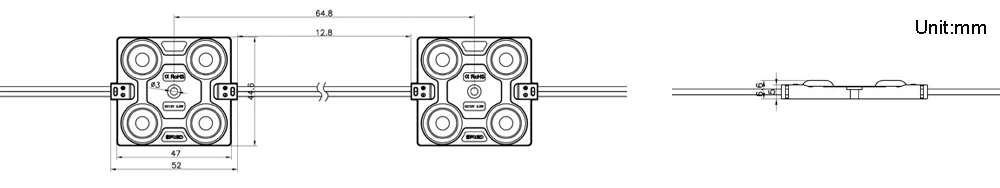 175° 4-chip SMD2835 IP67 DC12V 2W Mini Led Module,54x44.6x6.7mm