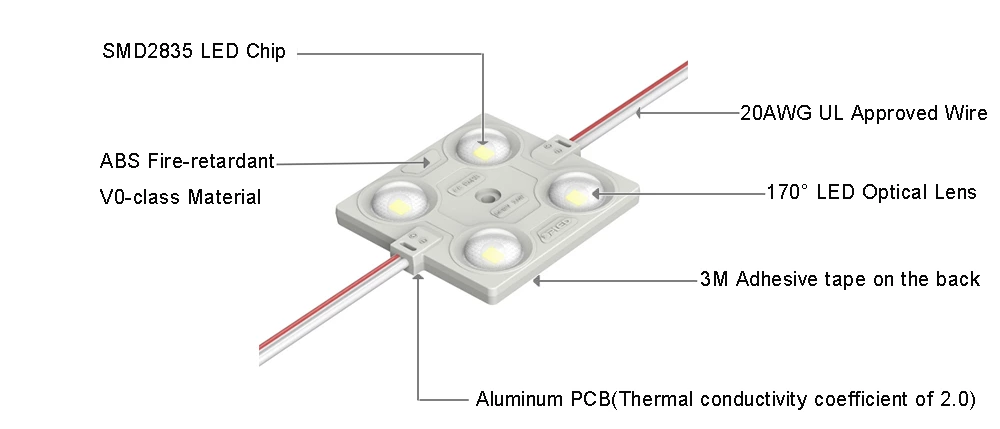 175° 4-chip SMD2835 IP67 DC12V 2W Mini Led Module,54x44.6x6.7mm