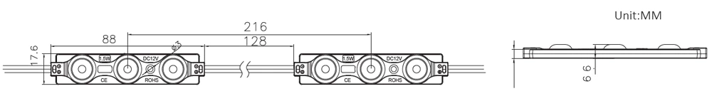 170° 3-chip SMD2835 IP65 145lm DC12V 1.5W Mini Led Module, 88x17.6x6.7mm