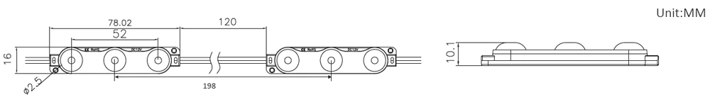 165° 3-chip SMD2835 IP67 150lm DC12V 1.08W Mini Led Module, 78x16x10.1mm